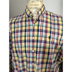 Ralph Lauren Shirt Mens XXL Custom Fit Plaid Blue Yellow Button Down Pony Logo
